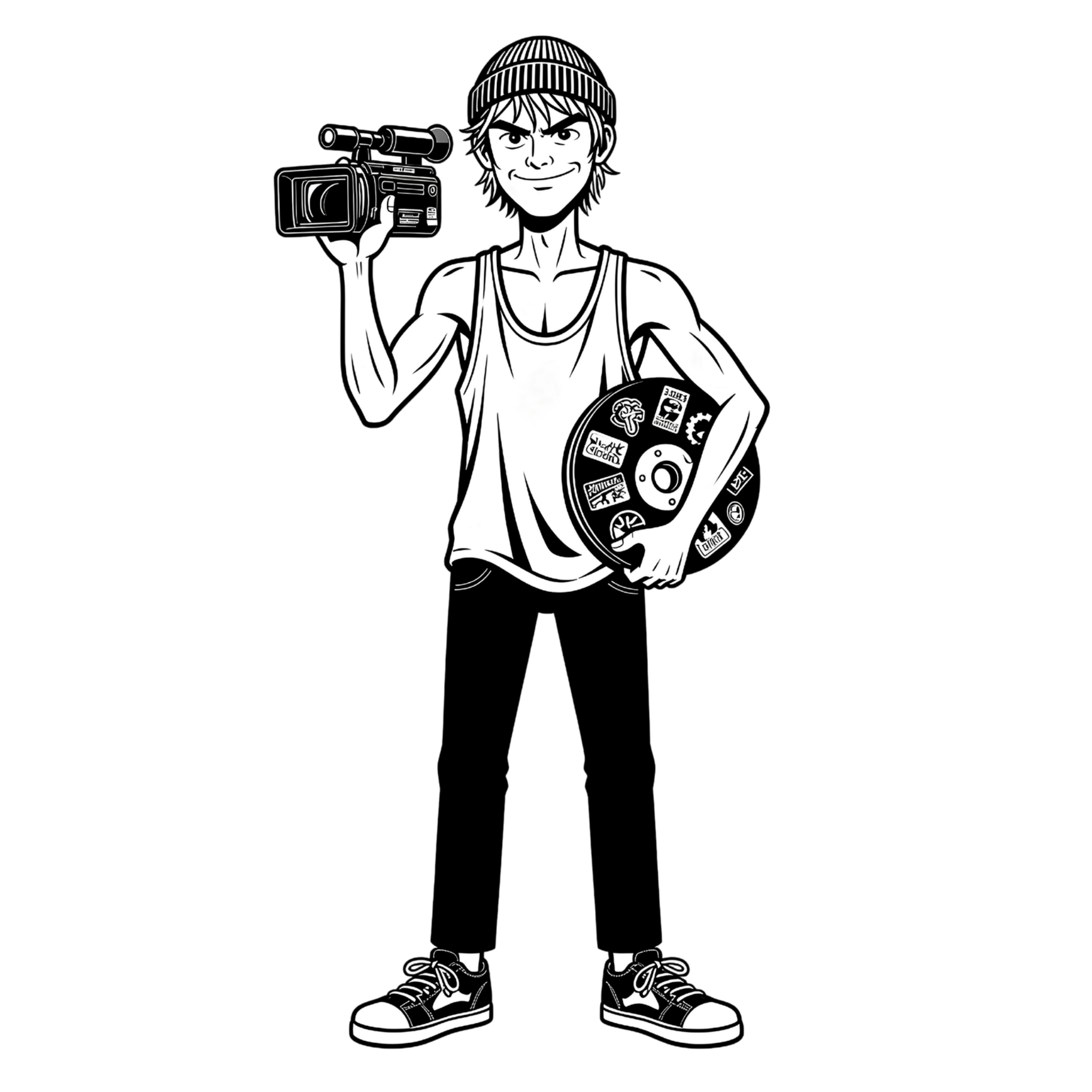 Cas, the filmer — line-art character holding a video camera and a stickered weight plate